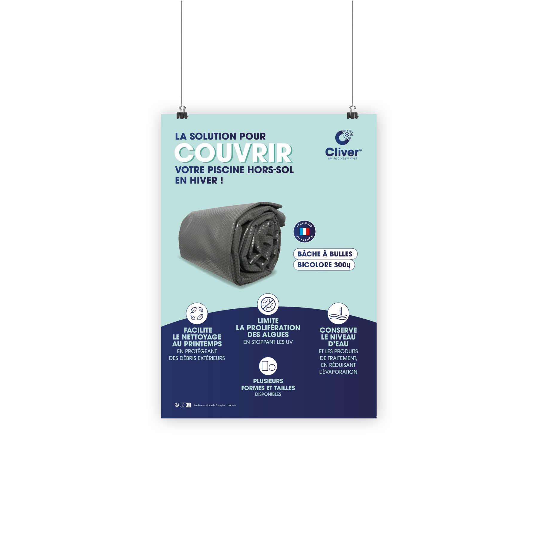AFFICHE A3 – BÂCHE À BULLES HORS-SOL BICOLORE CLIVER